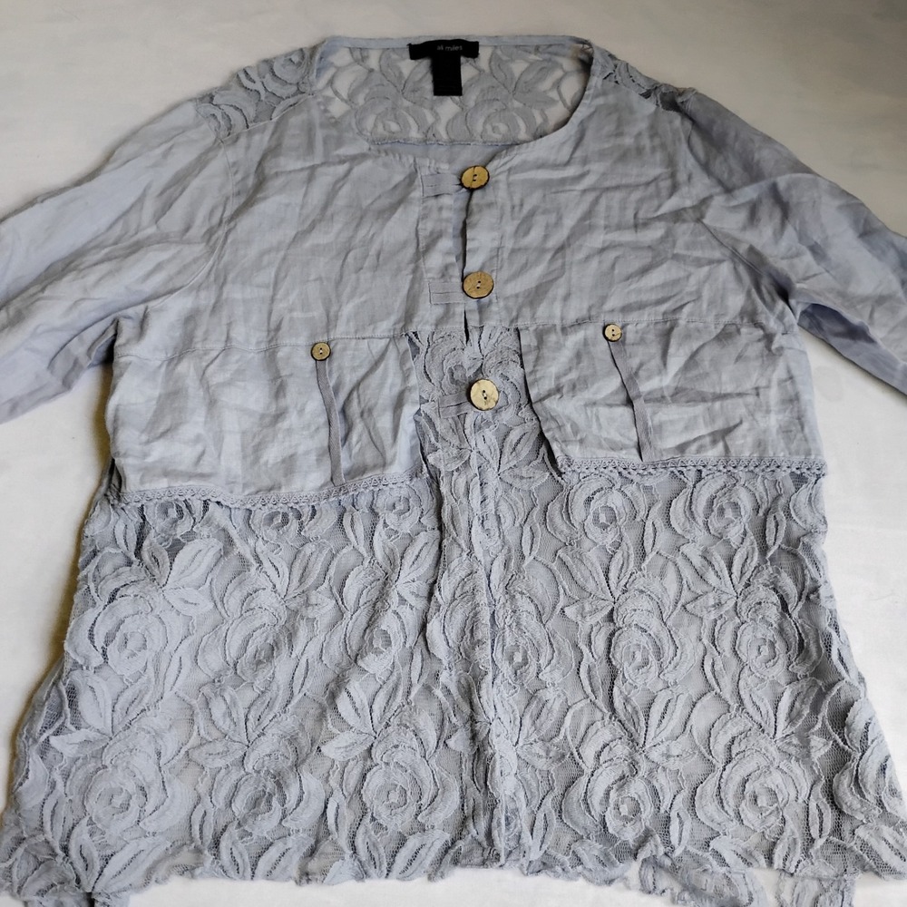 Ali Miles Top 1x 100 Linen Lace Button Down Lagenlook Office Capsule Artsy